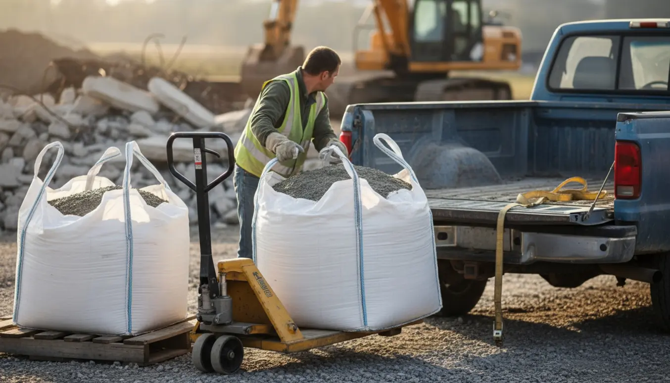 To bigbags med mørtel læsses op i en pickup ved en byggeplads.