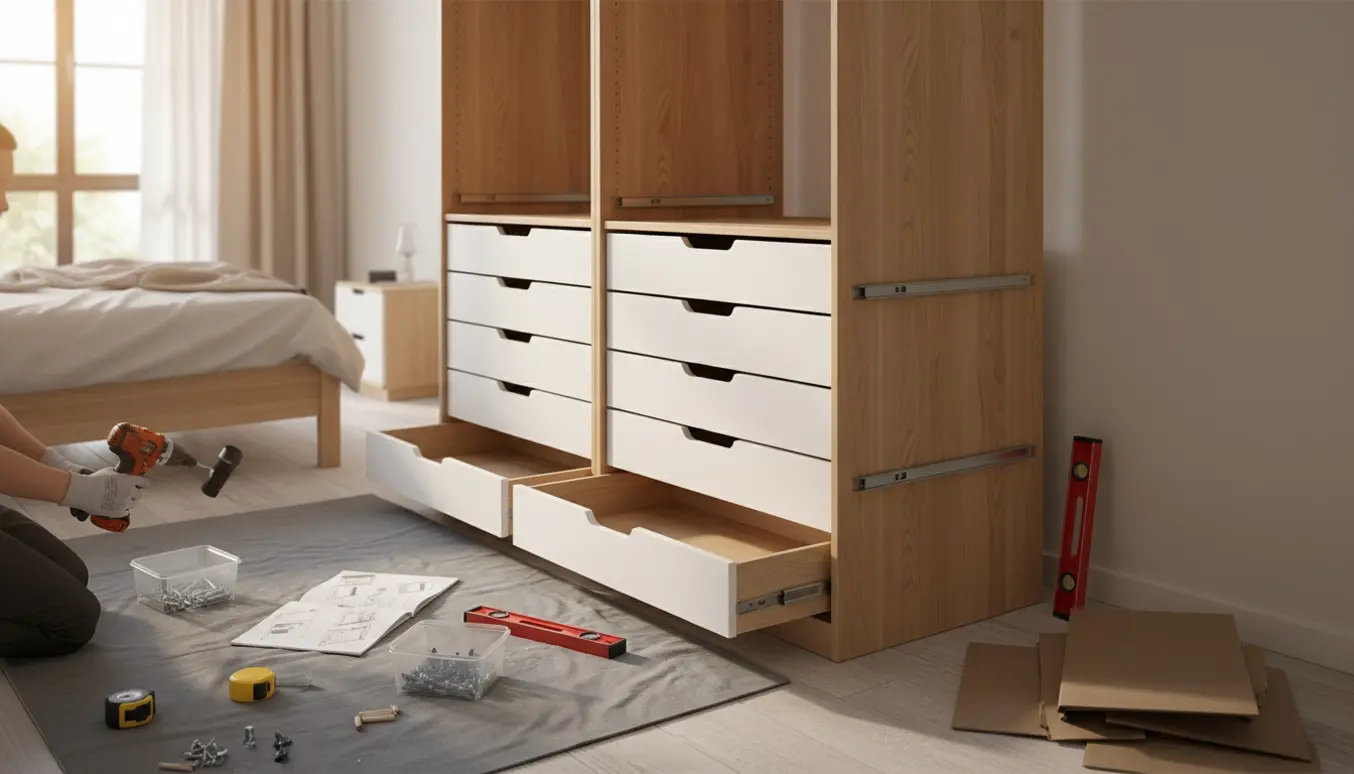 Delvist samlet PAX-stil garderobeskab med to moduler og 12 skuffer, værktøj og hænder i naturligt dagslys.