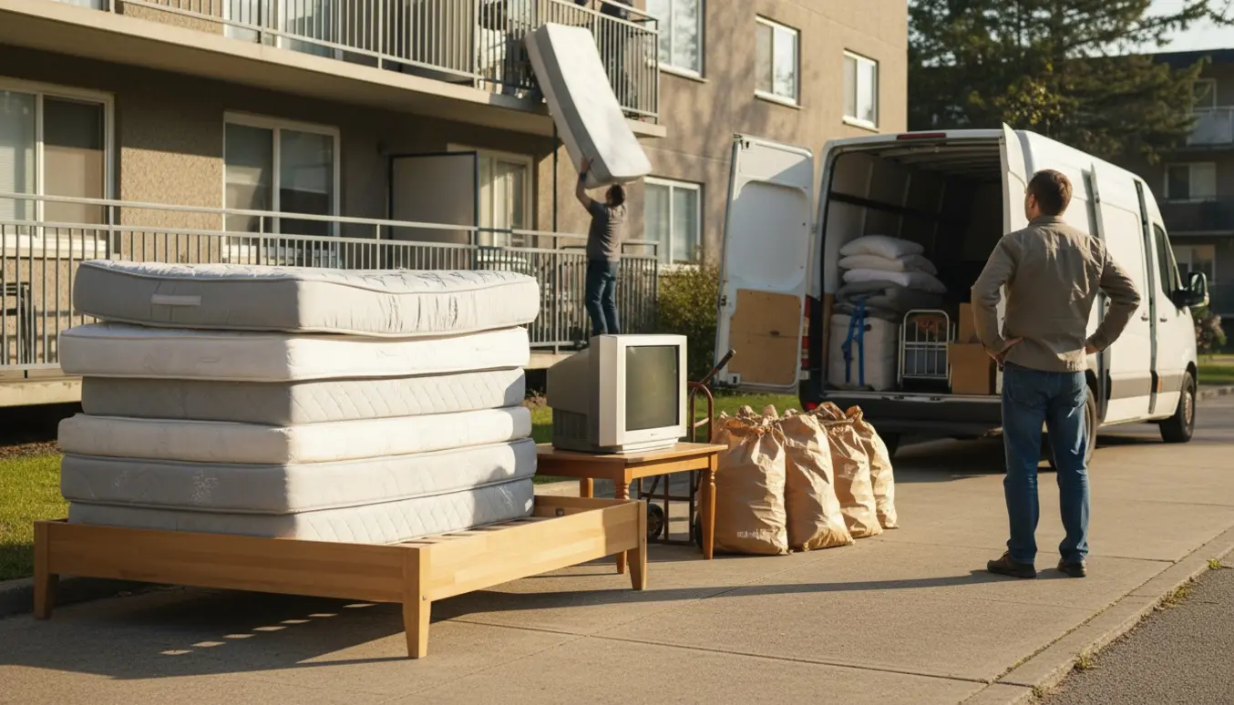 Flytning udenfor en lejlighed med dobbeltseng, flere madrasser, et lille sofabord, et gammelt billedrørstv og poser med papiraffald ved en flyttevogn.