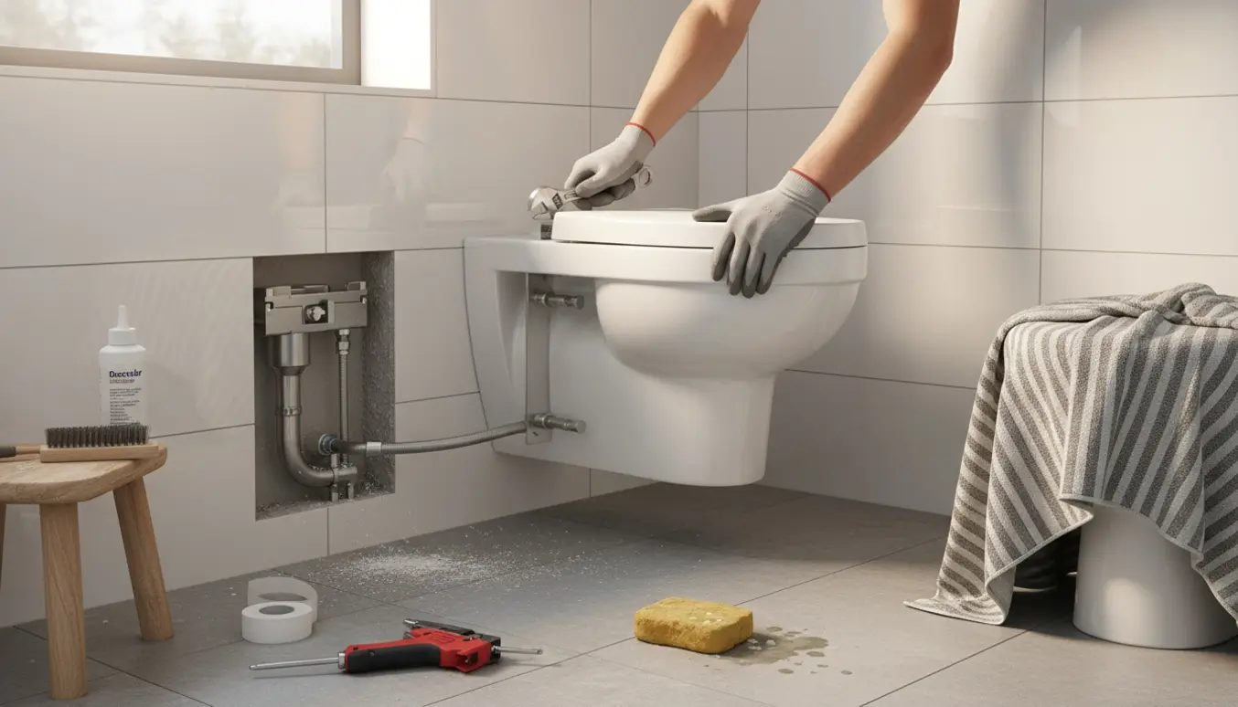 Hænder monterer et nyt væghængt toilet og tilslutter cisteren i et lyst flisebadeværelse.