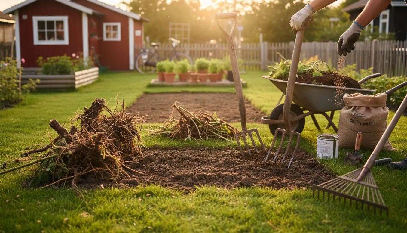 Opgravning af bed i en kolonihave på Amager med fjernede roserødder, værktøj og nysået jord.