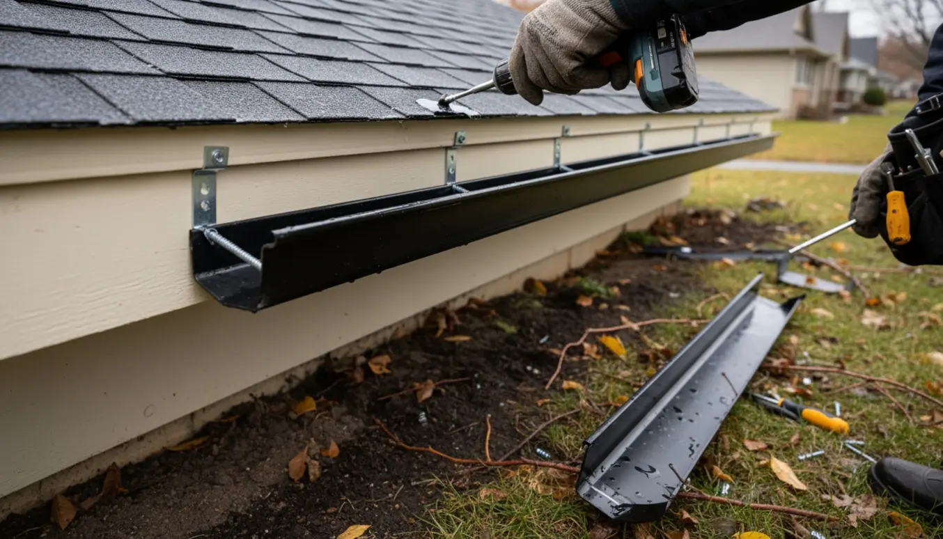 Nogen monterer en sort aluminiums-tagrende på husets forkant efter en storm.
