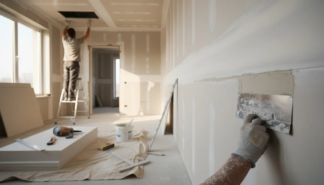 Hænder spartler gips ved et lukket dørhul med gipsplader og værktøj i rummet.