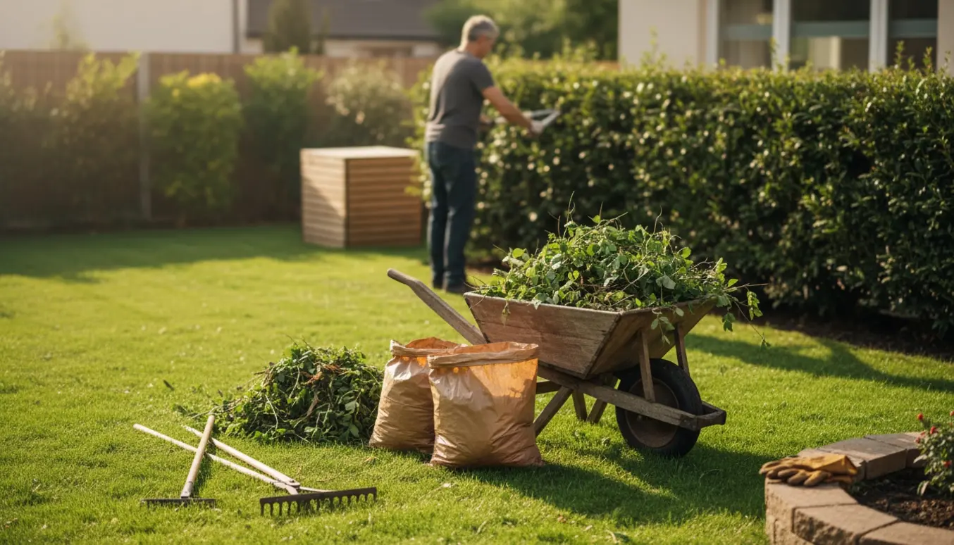 Havearbejde med nyslået græs, beskårne buske og en trillebør fyldt med grønt affald.