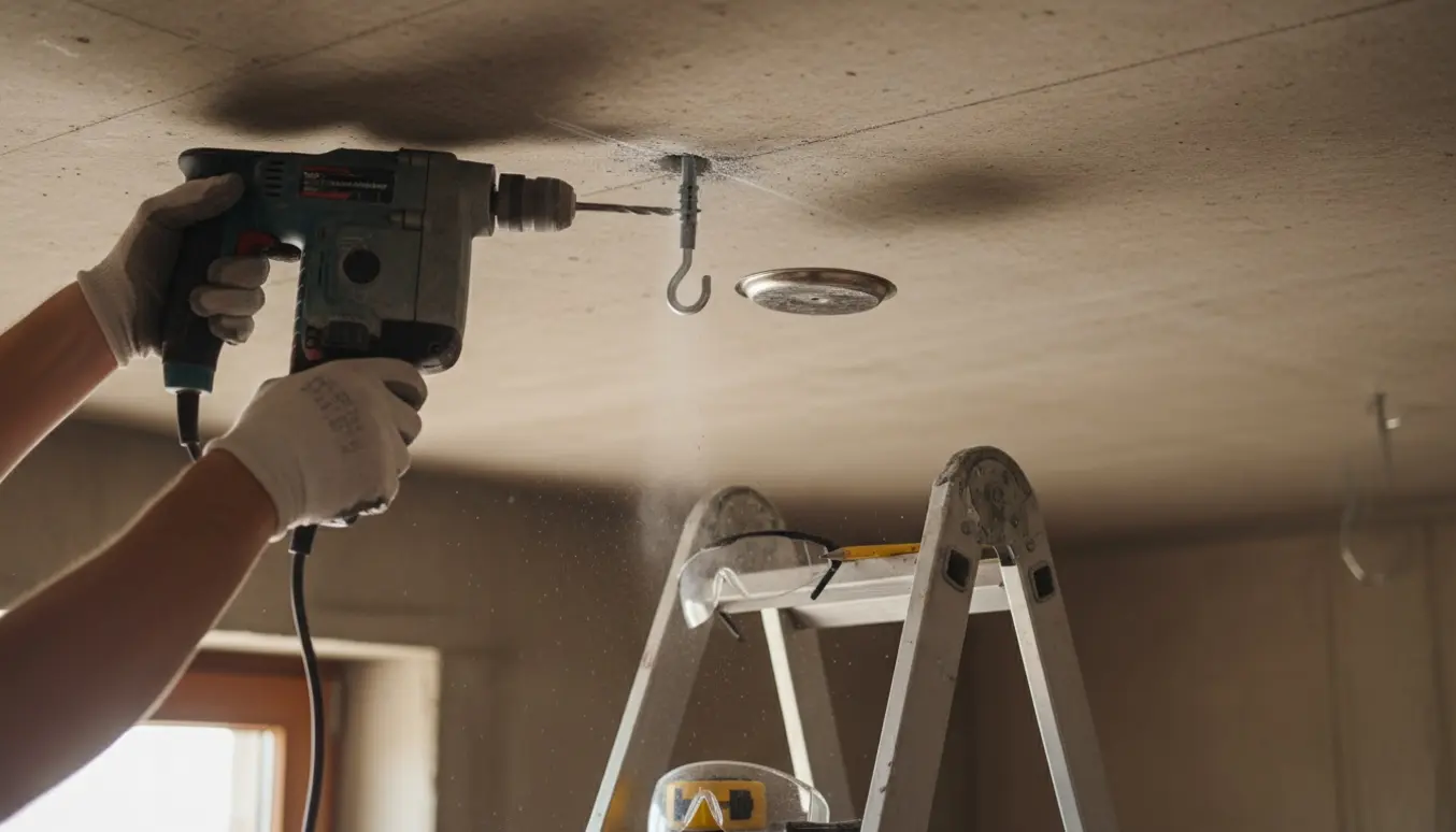 Nærbillede af boremaskine og rawlplugs mens der bores i et betonloft for at montere 10 mm kroge.