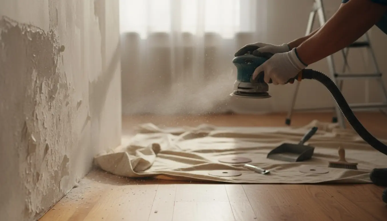 Hænder sliber en rektangulær vægsektion for at fjerne gammel hvid maling, med støv og værktøj på en beskyttelsesdug.