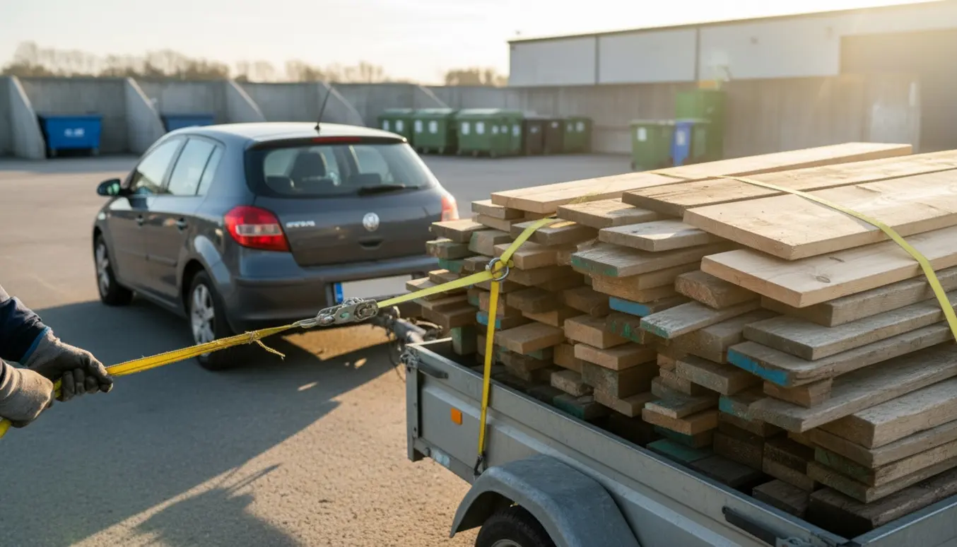 Bil med trailer fyldt med træbrædder ved et genbrugscenter, hvor hænder spænder remme.