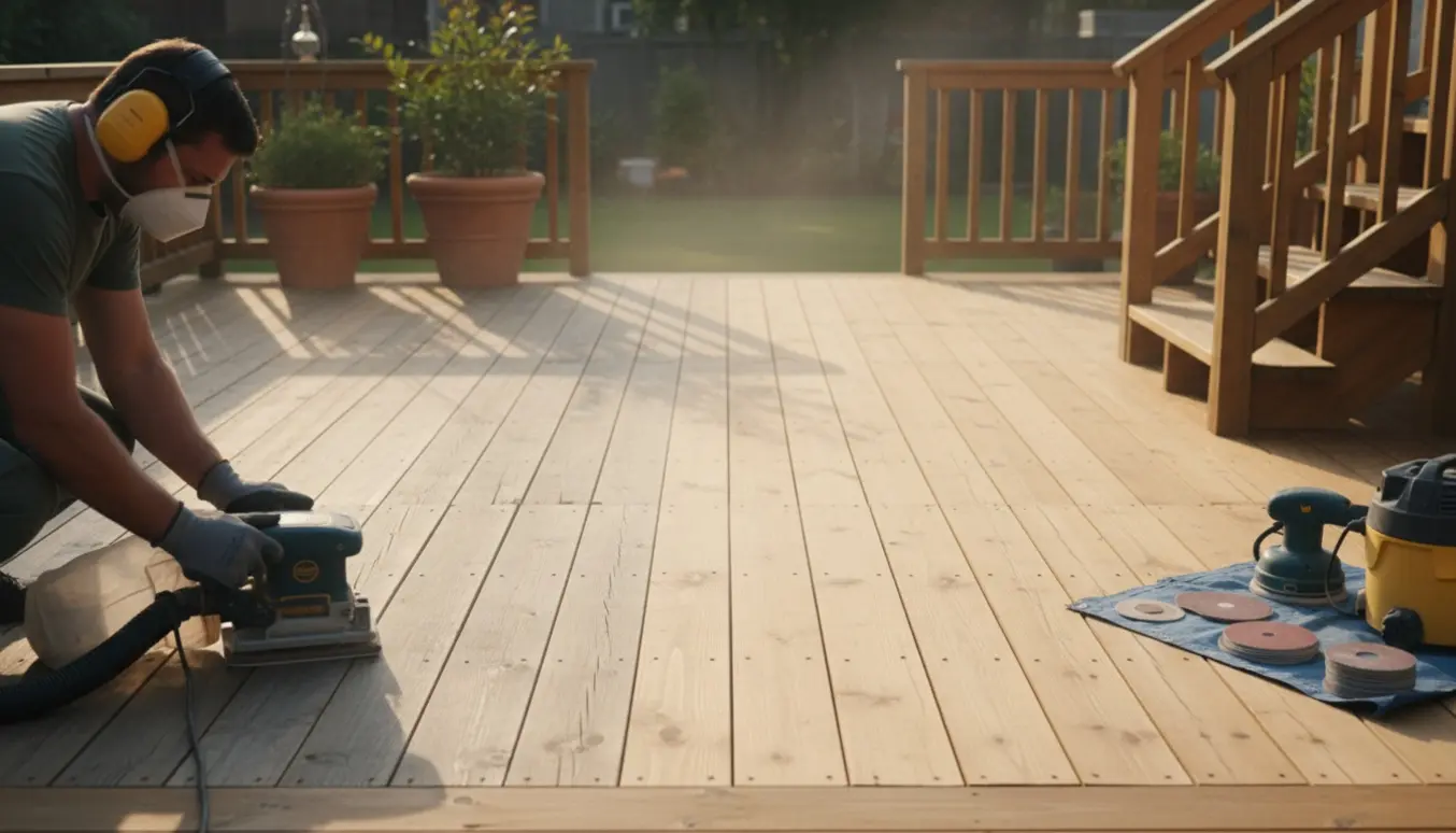 Halvslibet træterrasse og en lille trappe med en handske-beklædt hånd, der fører en slibemaskine og synlig kontrast mellem gammelt og nyslebet træ.