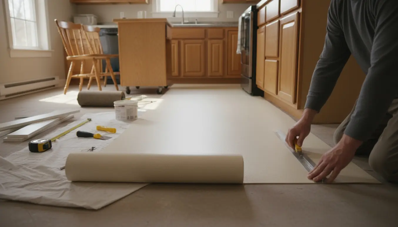 Et køkken hvor nyt linoleumsgulv rulles ud og skæres langs skabene med værktøj og lister klar til efterbehandling.