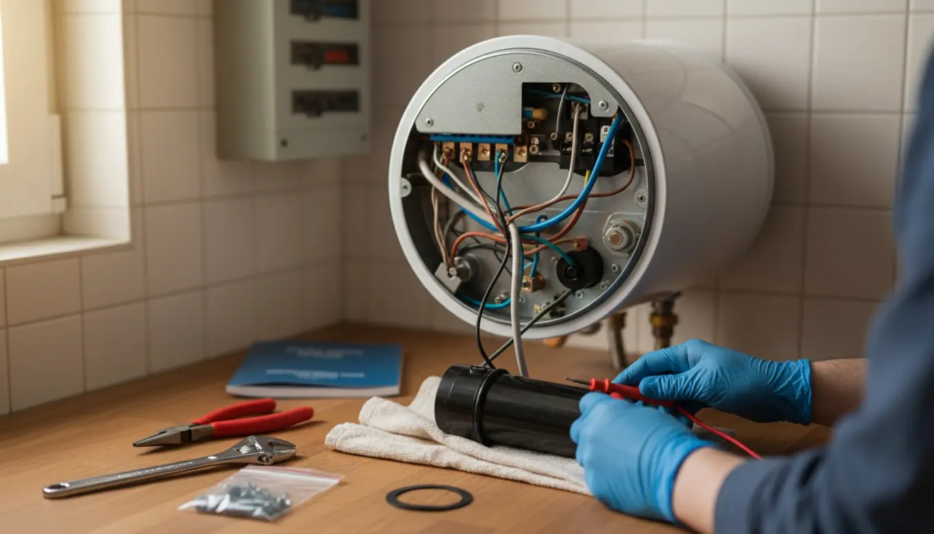 Nærbillede af hænder, der inspicerer en kompakt 30 l vandvarmer med værktøj og udtaget varmeelement.