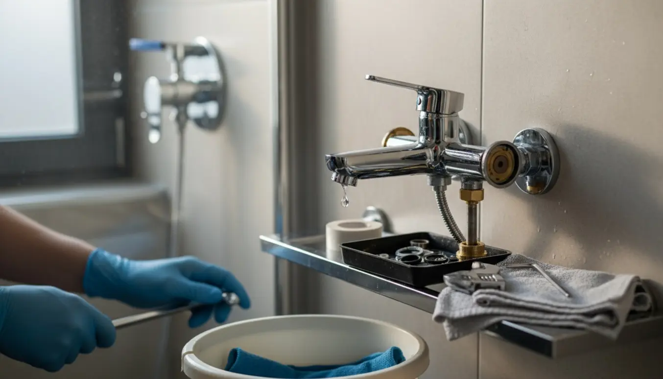 Nærbillede af et krom brusearmatur, der drypper, med værktøj og reservedele klar til reparation i et lyst badeværelse.