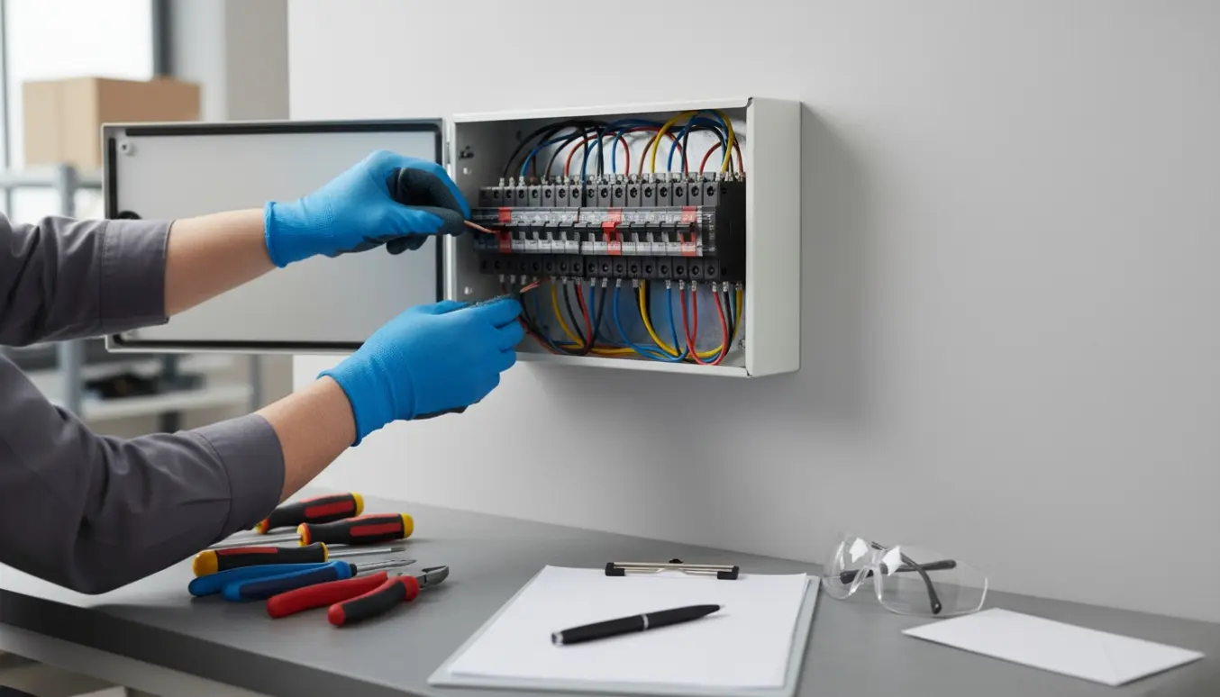 Elektriker i handsker monterer en ny eltavle i et teknikrum med papir og pen klar til underskrift.