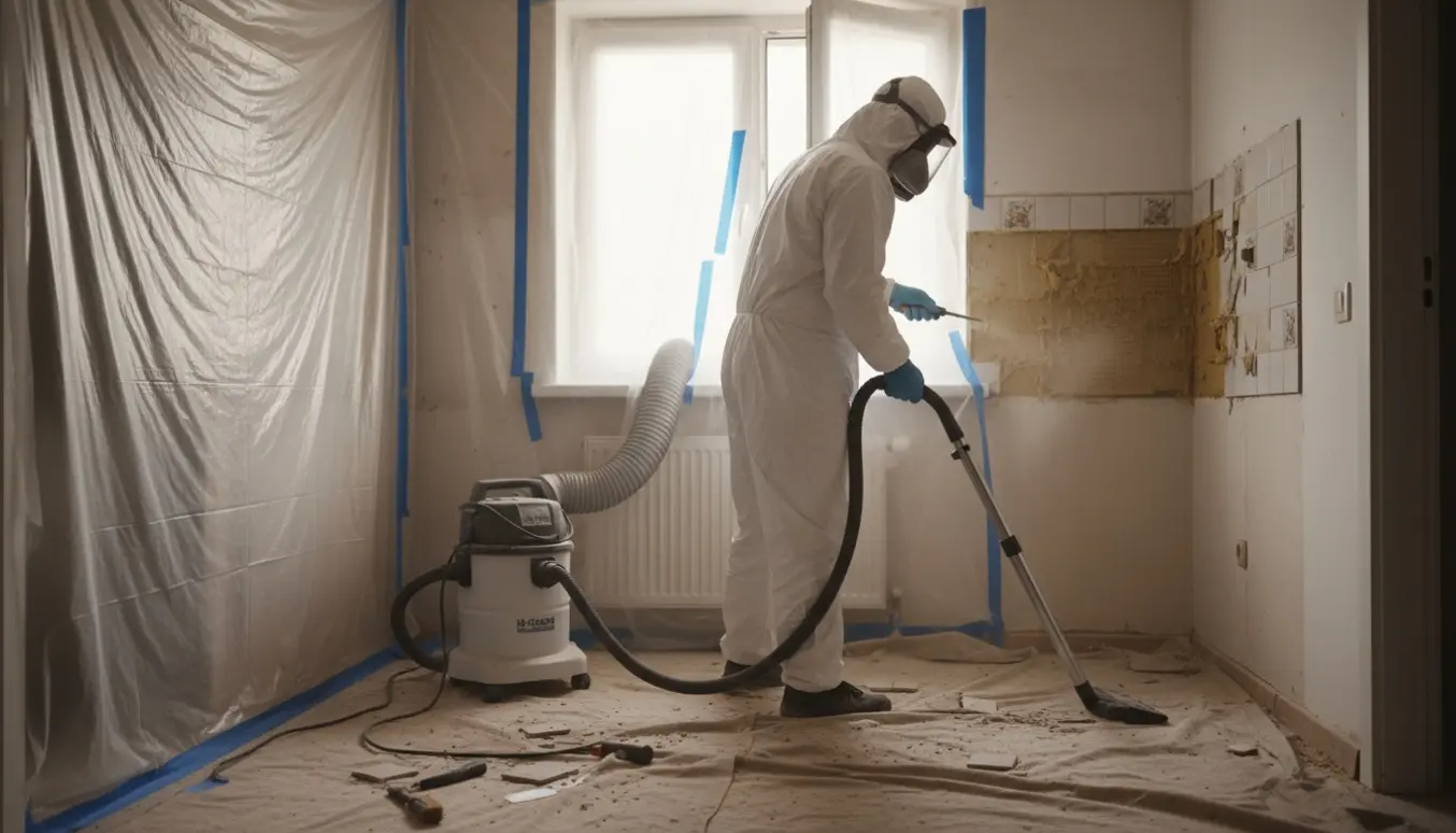 Køkkenvæg under kontrolleret fjernelse af fliser og fliseklæb med arbejdstager i fuldt beskyttelsesudstyr og luftrenser i rummet.