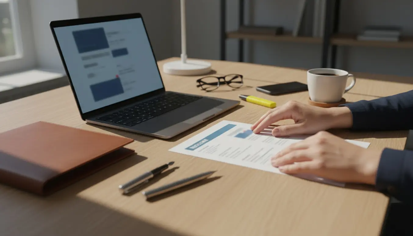 Nærbillede af hænder, der redigerer et CV ved en bærbar computer på et lyst skrivebord.