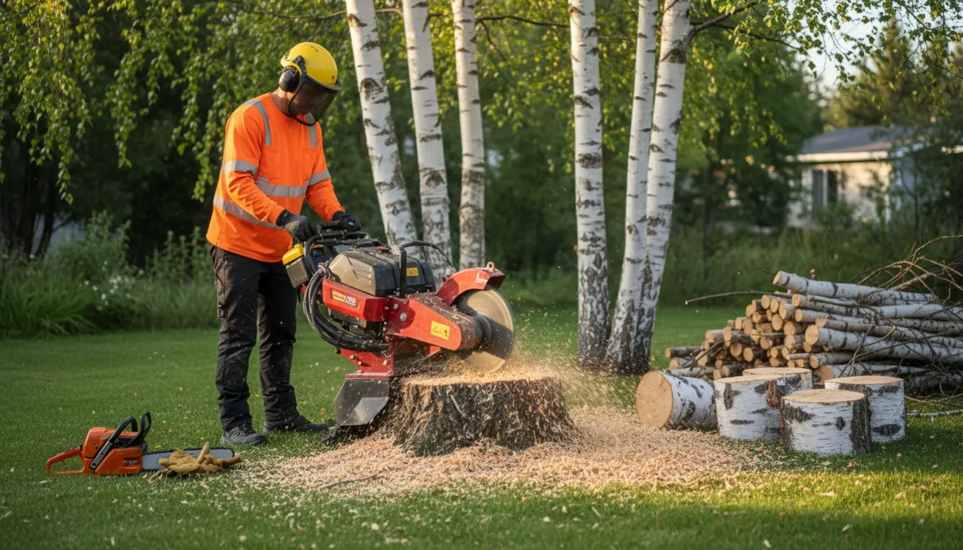 Stubbefræsning af et birkestub i en have med træflis og værktøj i forgrunden.
