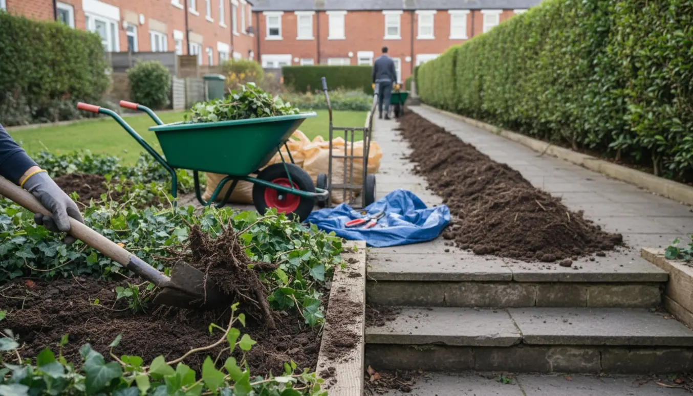 Nærbillede af fjernelse af et lang, smalt højbed langs en hæk med skovl, trillebør og bunker af jord og efeu.