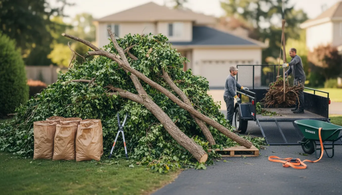 Stor bunke haveaffald med lange grene, poser, en tung rod og en trailer klar til afhentning.