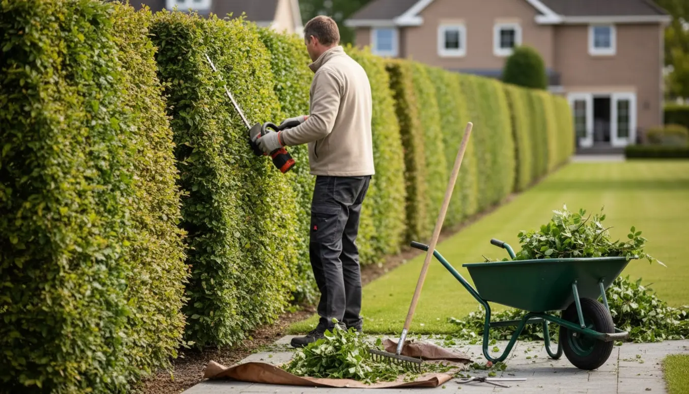 Person set bagfra trimmer en bøgehæk langs en havegang med afklippede grene i en trillebør.