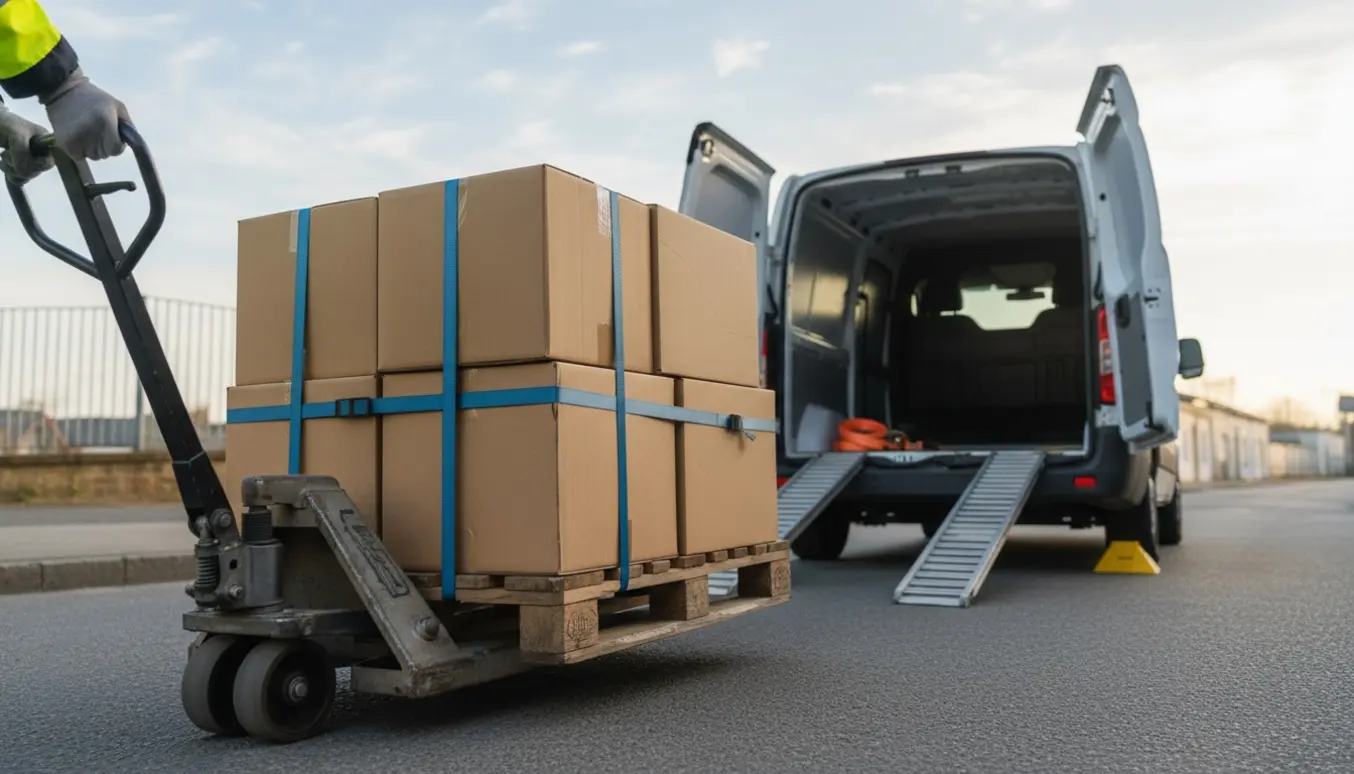 Palle med varer løftes med palleløfter og lastes ind i en varevogn ved fortovet.