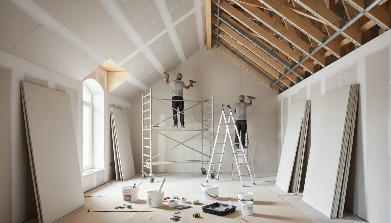 Interiør af et værelse med loft til kip under opsætning af gipslofter, håndværkere arbejder med værktøj uden tydelige ansigter.