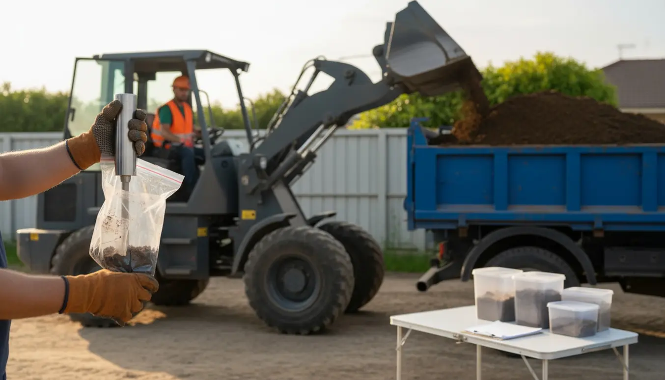 Lastbil læsser ren jord, mens en handske holder en jordprøve i en klar plastpose.
