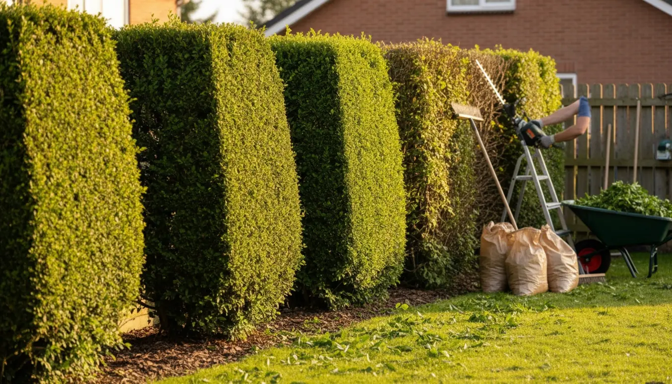 Tre lange hække klippes med handsker, trimmer, trillebør og sække med haveaffald klar til bortskaffelse.