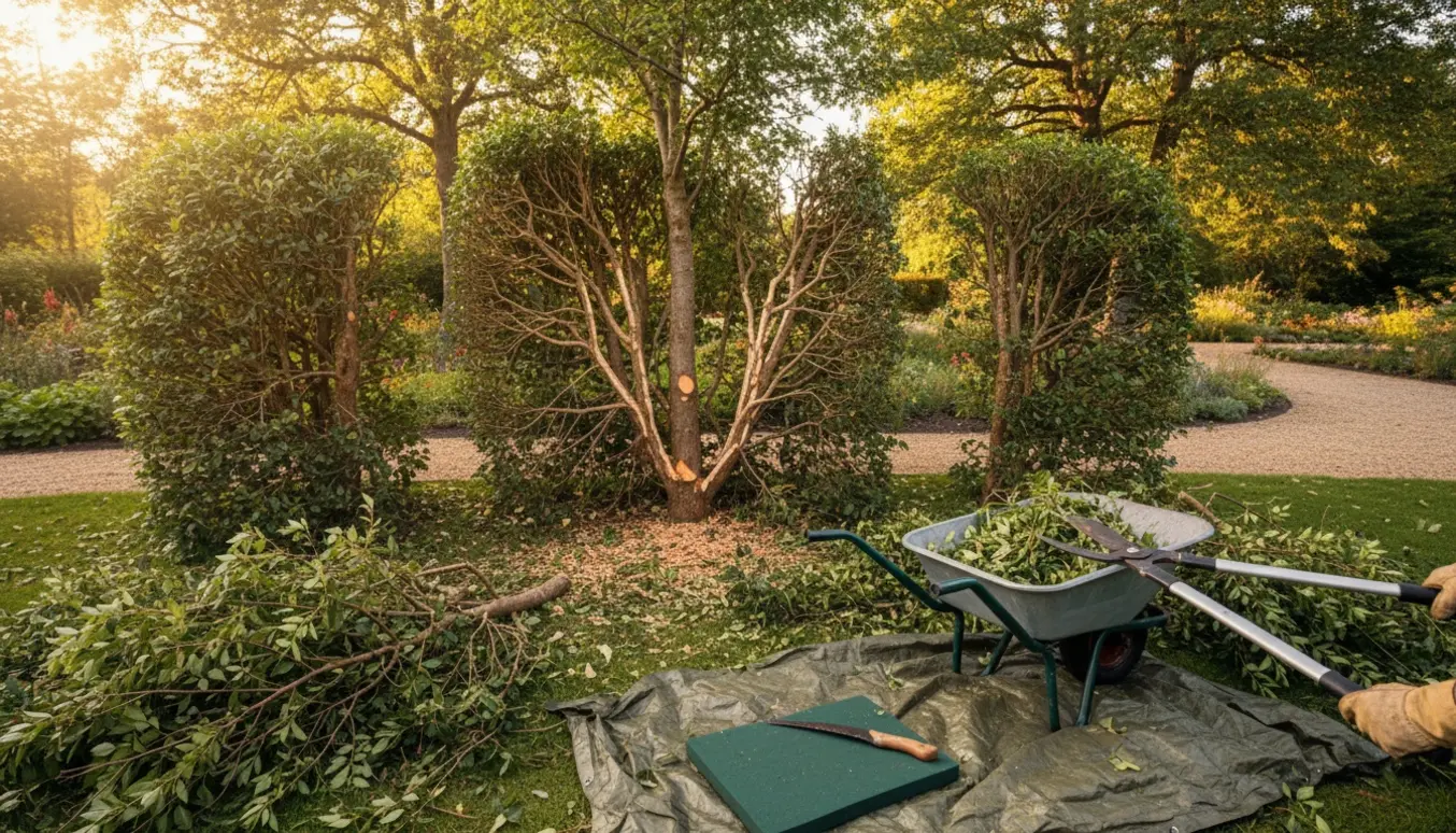 Gartner i handsker klipper overgroede buske i en gammel have med grene i trillebør klar til bortkørsel.