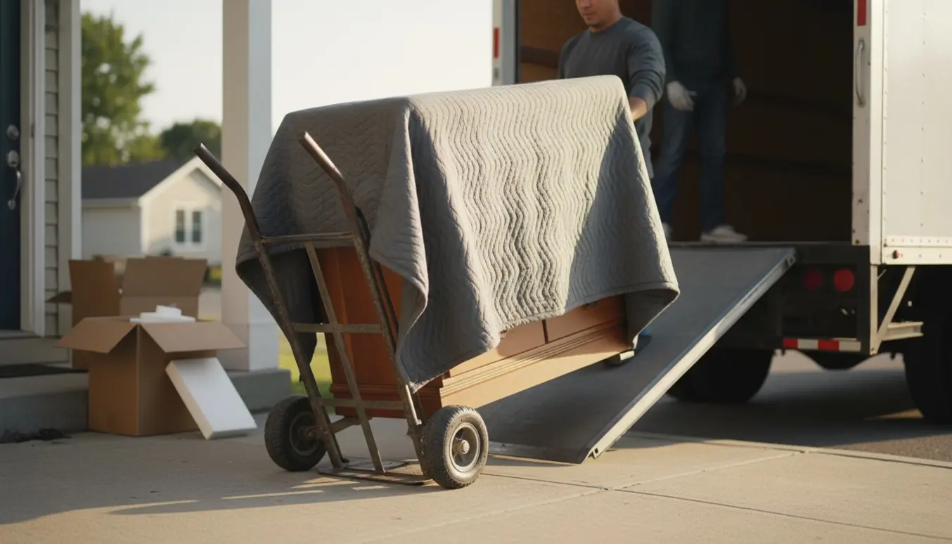 En flyttearbejder leverer en kommode pakket i beskyttelsestæpper ved en lejlighedsindgang.