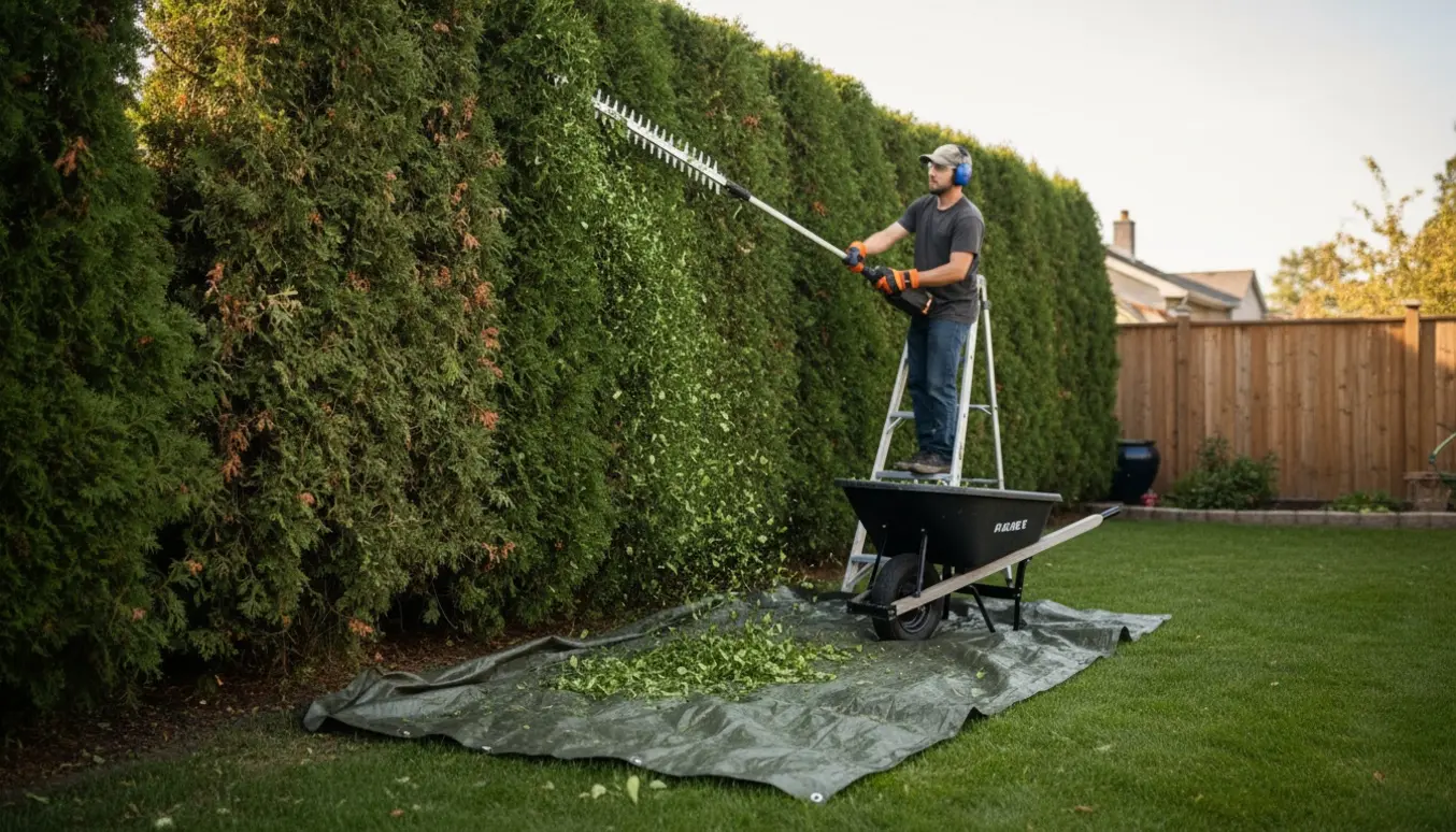En person trimmer toppen af en høj hæk med en lang stang-hækklipper, og friske grene falder ned på en presenning.
