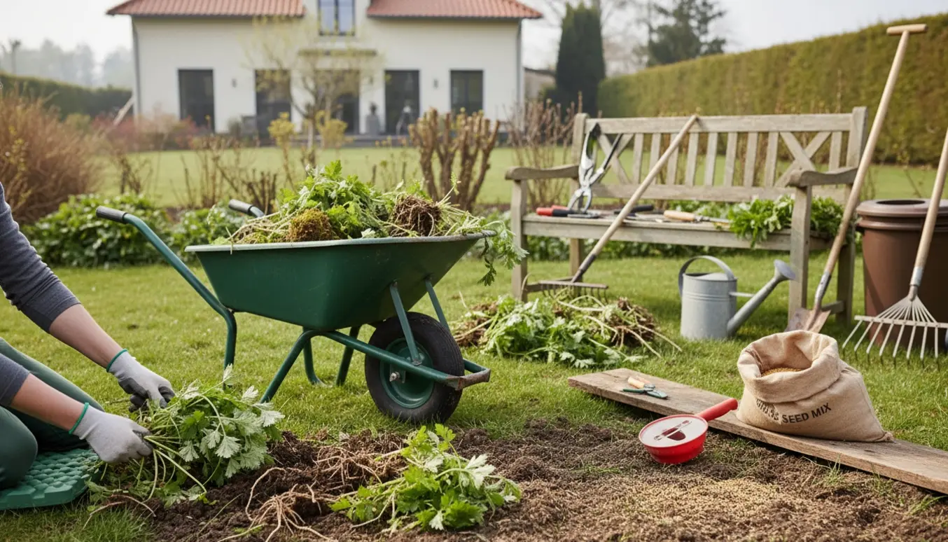 Forårsoprydning i en vild villahave med fjernelse af skvalderkål, haveredskaber og nysået græsplet.