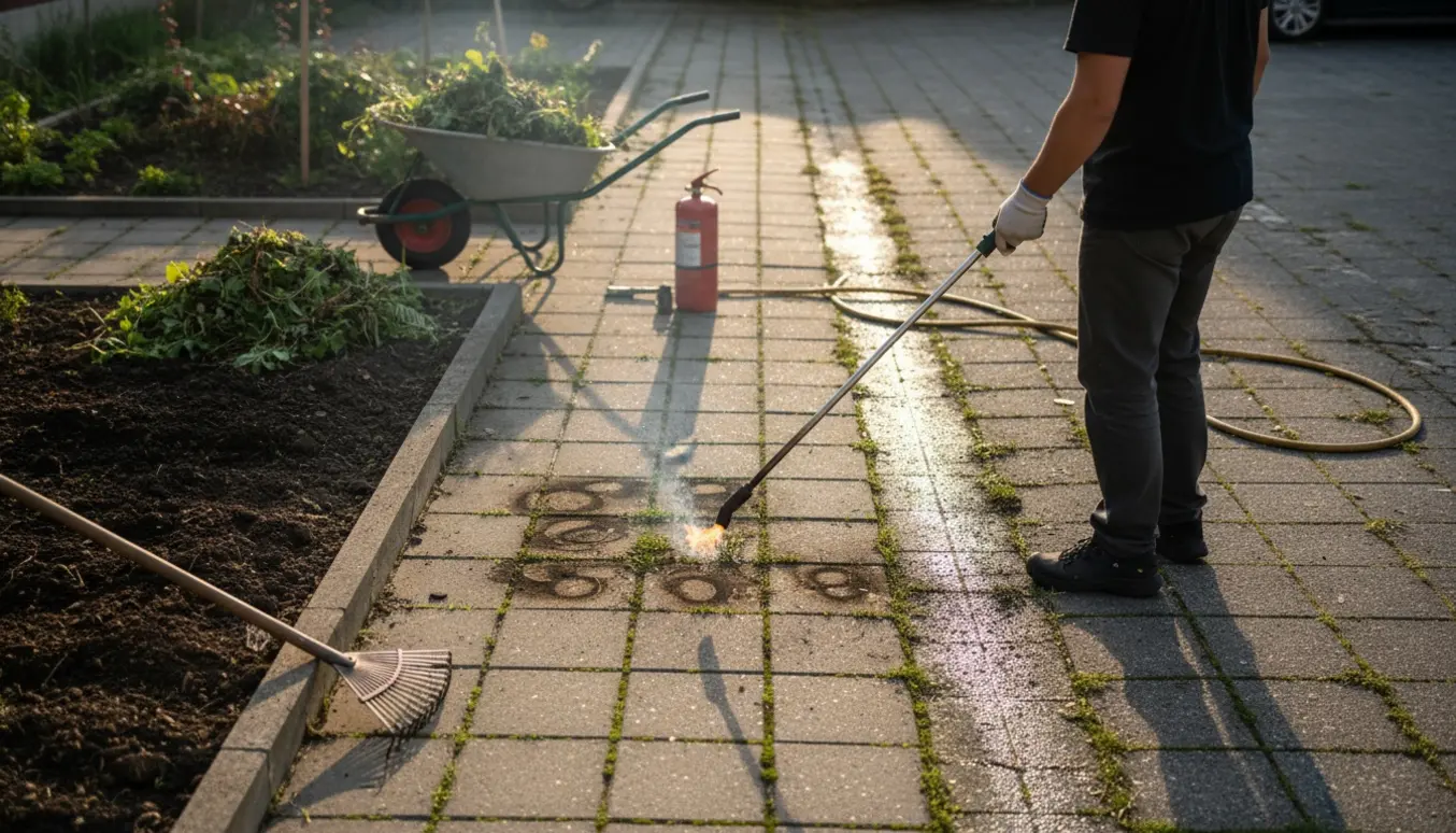 Person med handsker bruger en ukrudtsbrænder mellem fliser ved et overgroet bed med rive og trillebør i baggrunden.