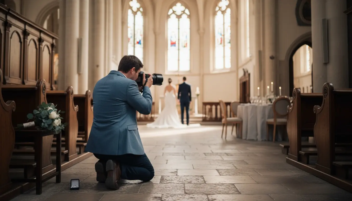 Amatørfotograf fotograferer et brudepar i Kastelskirken med naturligt morgenlys og bryllupsdetaljer på en bænk.