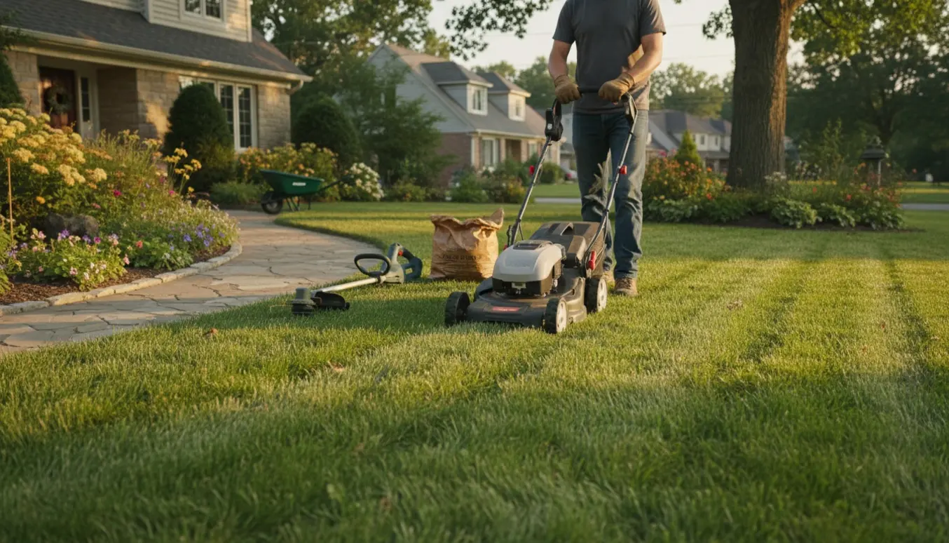 En person slår græsset omkring en mellemstor ejendom med en batteridrevet plæneklipper og nyklippede striber.