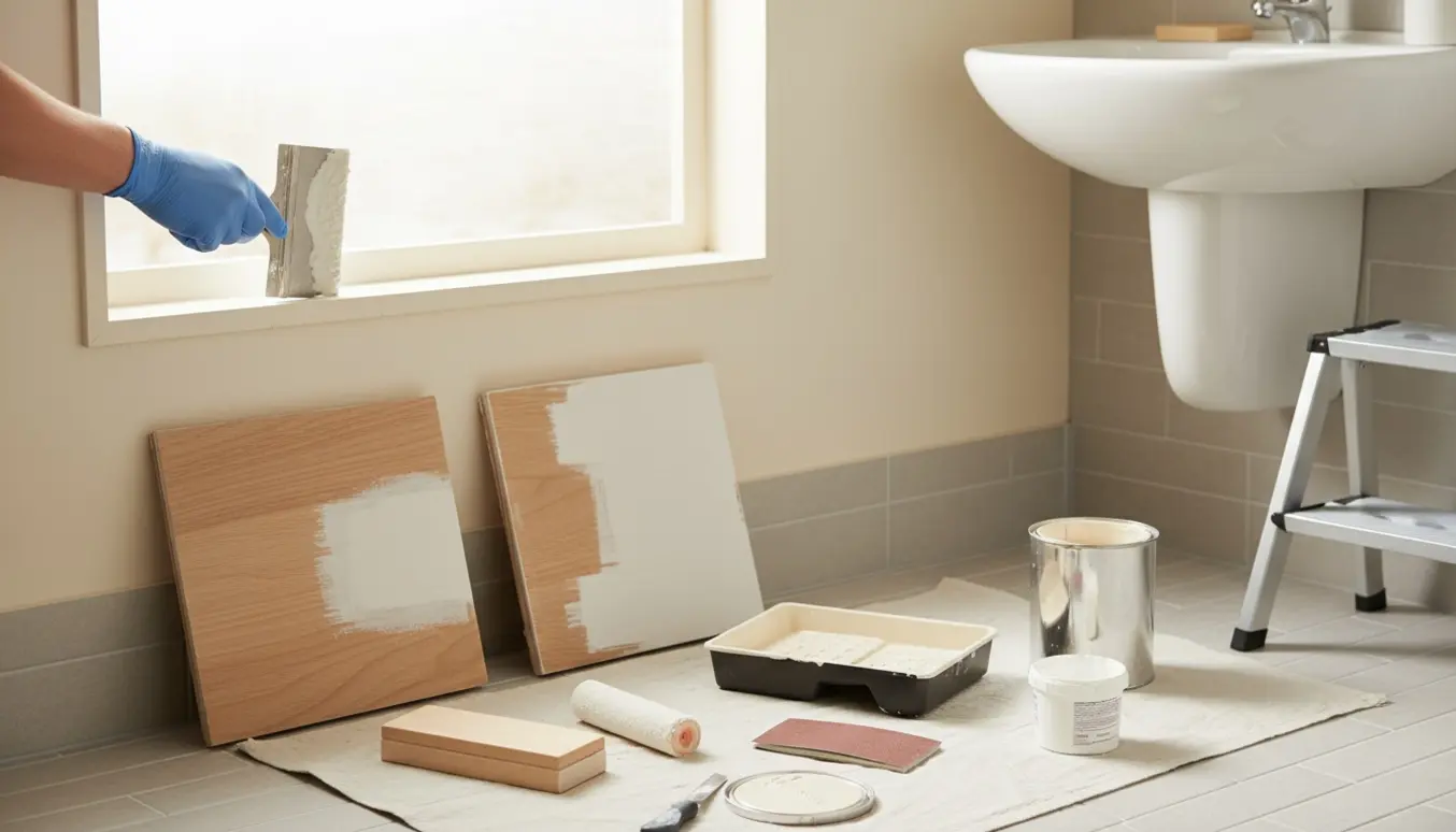 Nærbillede af spartling og maling i et lyst badeværelse med to 60x60 cm plader klar til slibning.