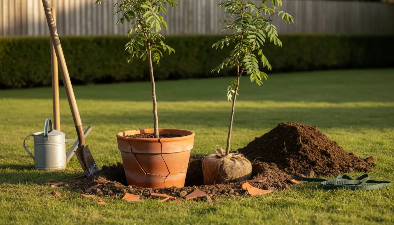 To rønnebærtræer i potter ved et nygravet plantehul, en pot halvt nedgravet og revnet, klar til plantning.