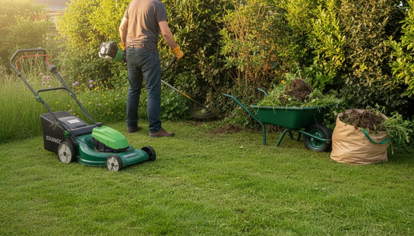 Nyslået græs og en person set bagfra, der rydder ukrudt i hækken med en trillebør ved siden af.