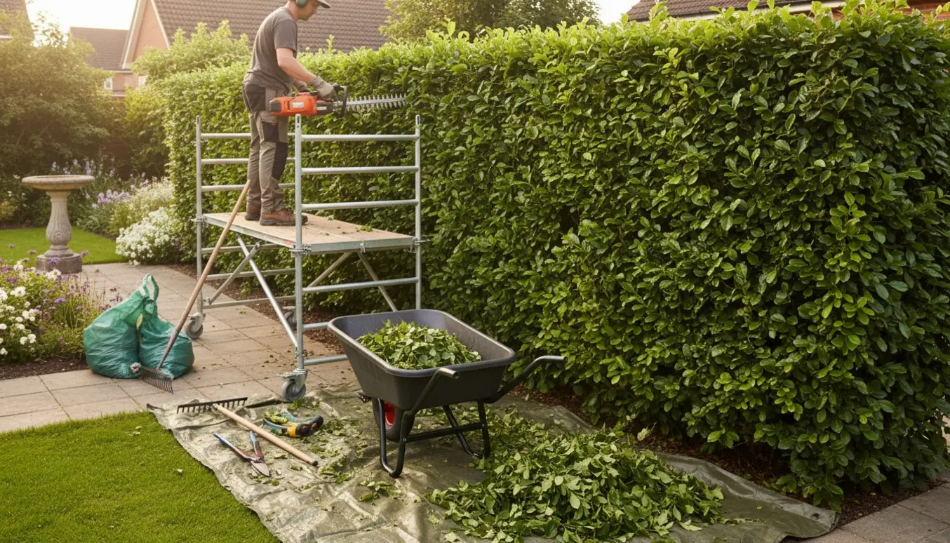 Rullestillads ved en 2,5 m høj bøgehæk mens hækken klippes og afklip samles i trillebør.