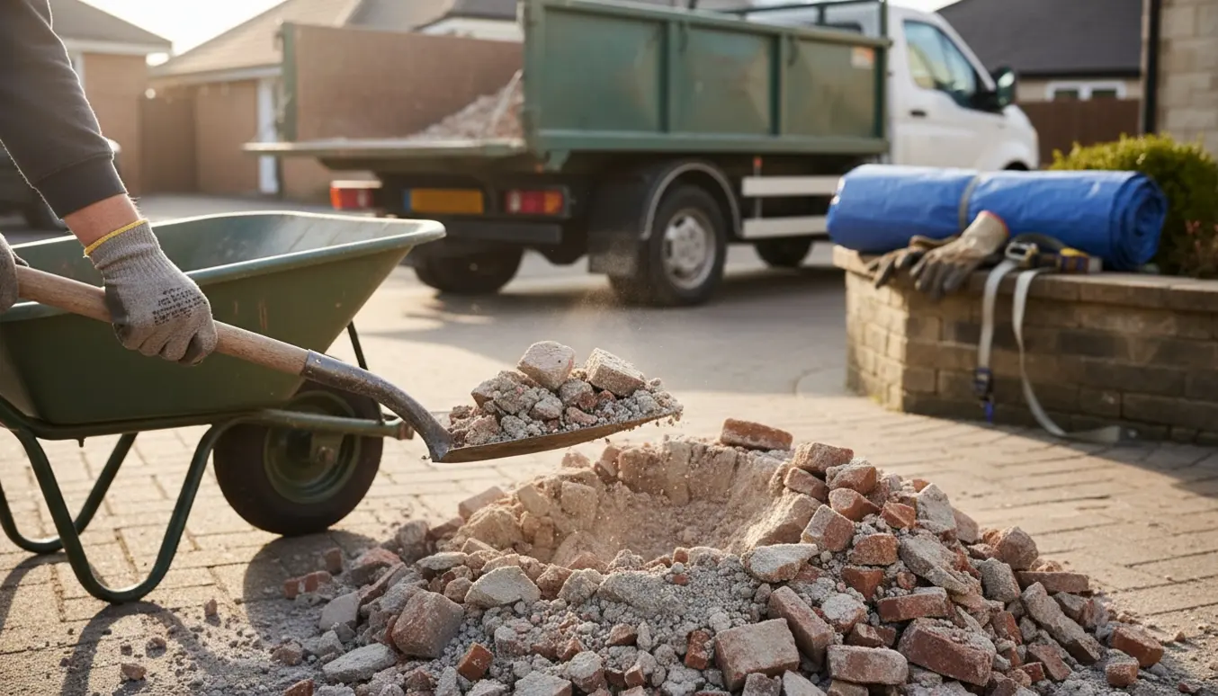 Murbrokker og en trillebør fyldt med byggeaffald i en indkørsel, klar til afhentning.