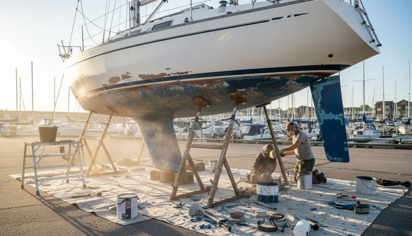 En Albin Alpha på land med gammel bundmaling kradset af, slibning, primer og ny bundmaling under påføring.