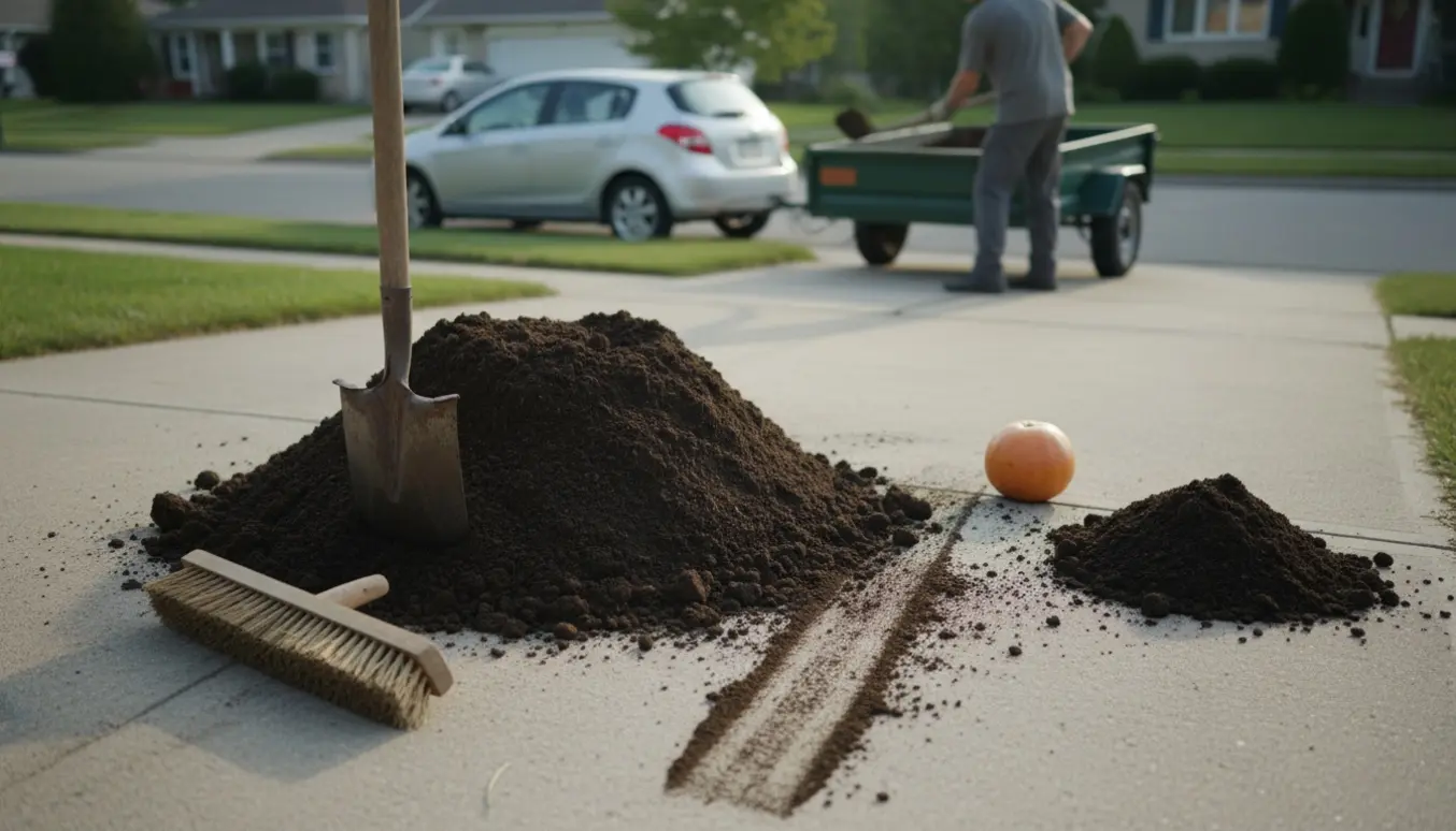 Skovl og kost ved en jordbunke på indkørslen, jorden fejes væk klar til afhentning med trailer.