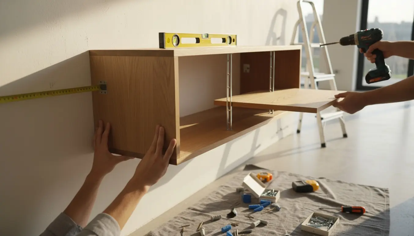 Hænder monterer et væghængt skab og sætter hylder op med boremaskine, vaterpas og skruer i et lyst rum.
