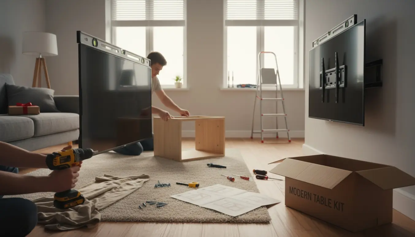 Hænder monterer TV og samler møbel, mens to persienner installeres i en lys stue med en indpakket julegave i baggrunden.