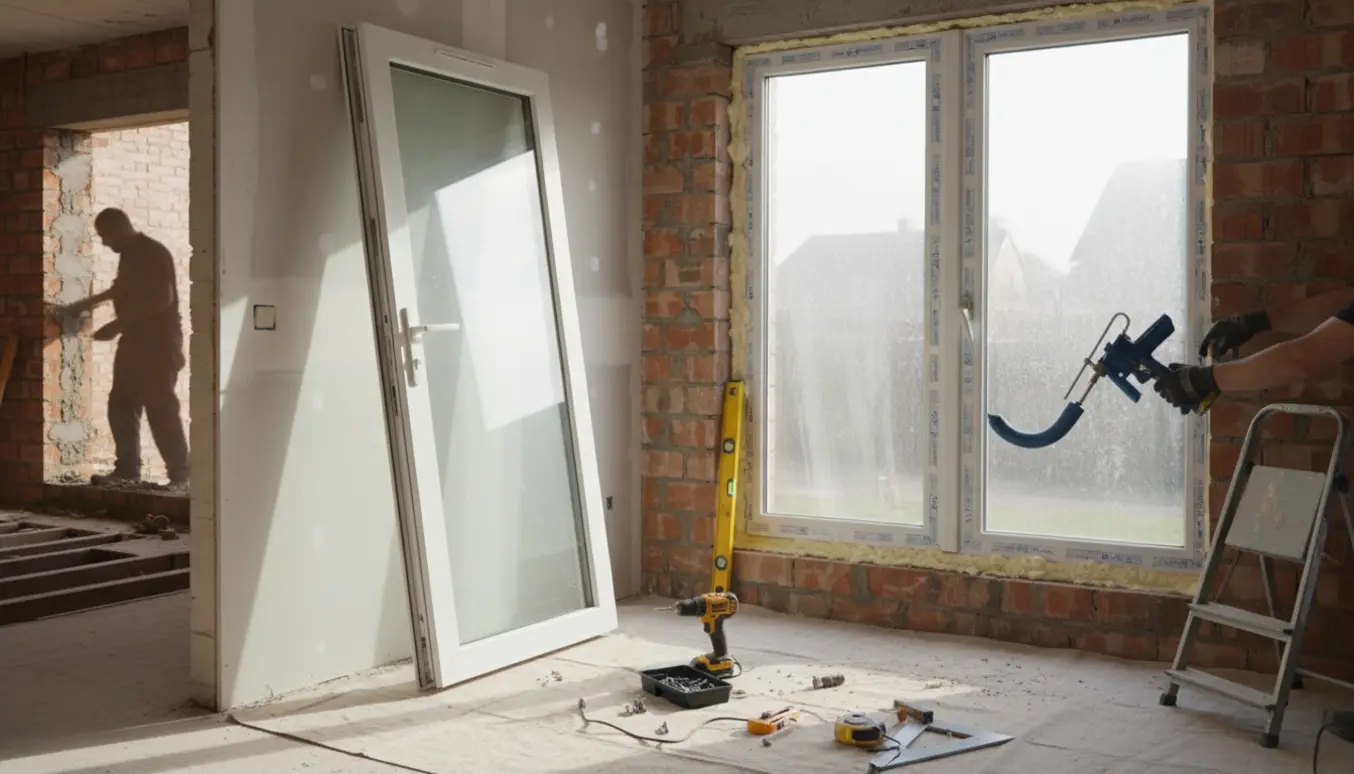 Montering af nyt vindue i et nyt værelse med flyttet havedør og værktøj i forgrunden.