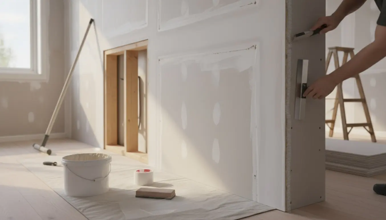 Væg under klargøring til maling med spartelmasse, armeringsbånd, værktøj og en ny rørkasse.