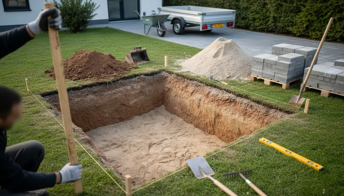 Udgravet 20 m² areal på cirka 450 mm dybde klar til fundamentblokke med trailer og motorbør i baggrunden.