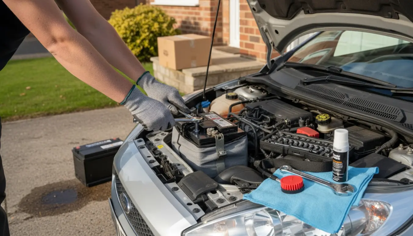 Åben Ford Fiesta (2007) på indkørsel med nyt batteri og værktøj klar til montering.