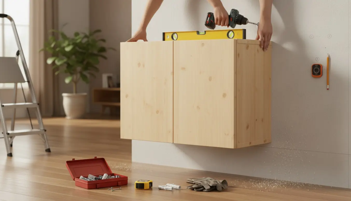 Et lyst fyrretræsskab i Ivar-stil løftes mod en gipsvæg mens værktøj som boremaskine, vaterpas og gipsankre ligger klar.