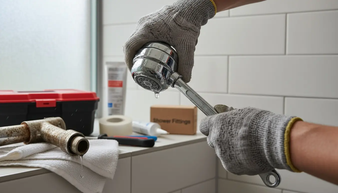 Nærbillede af hænder, der monterer en ny krom bruser i et flisebadeværelse med værktøj i baggrunden.