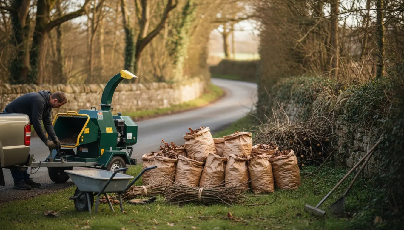En trailer med en komposthakker, cirka femten sække haveaffald og en bunke grene ved en smal vej med et skarpt sving.