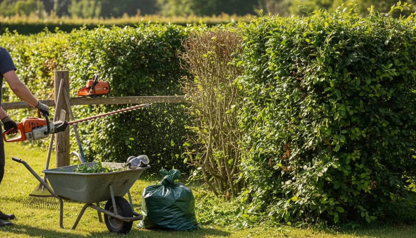 En person set bagfra klipper en hæk med en motorhækkeklipper, mens afklippet samles i en trillebør på græsset.